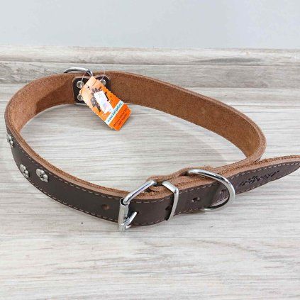 Hnědý kožený obojek Bonny packy, 65 cm x 30mm BafPet